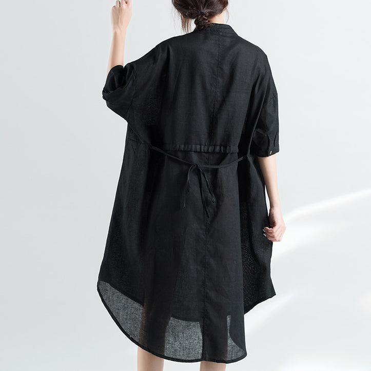Black Natural Cotton Dress Oversize Clothing Dresses Half Sleeve Stand Natural Cotton Dress
