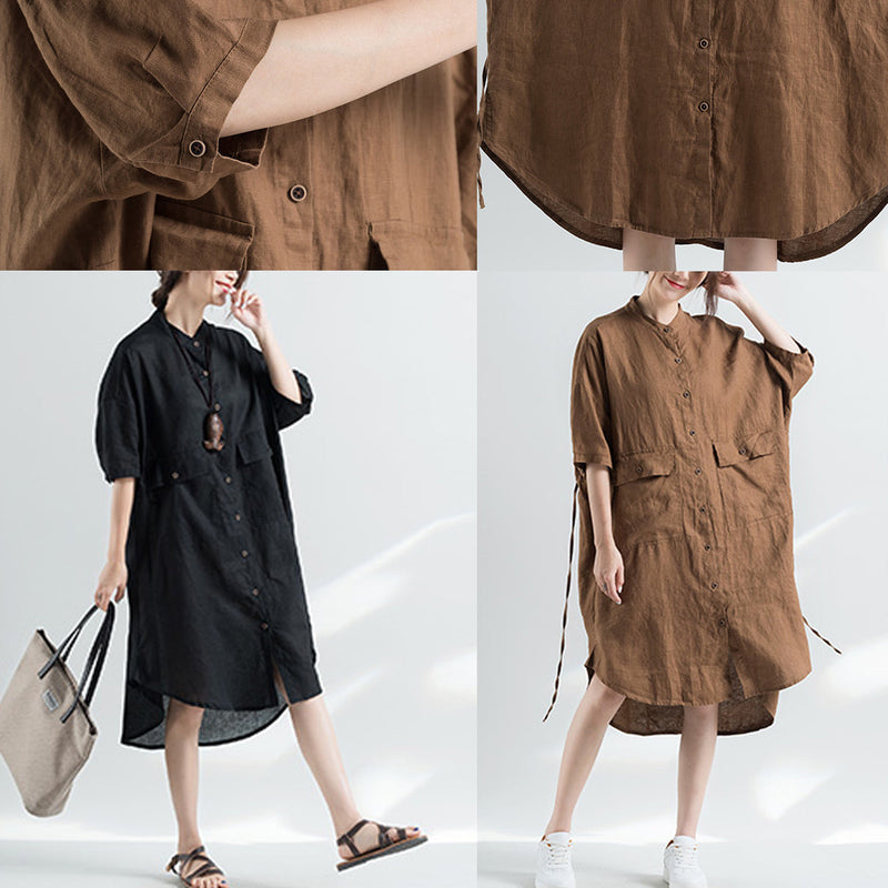Black Natural Cotton Dress Oversize Clothing Dresses Half Sleeve Stand Natural Cotton Dress