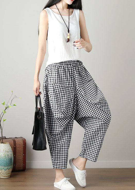 Black Plaid Cotton Pants Big Pockets Crop Pants