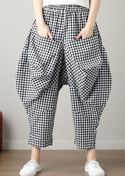 Black Plaid Cotton Pants Big Pockets Crop Pants
