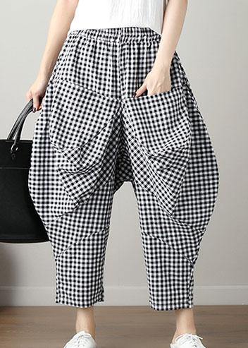 Black Plaid Cotton Pants Big Pockets Crop Pants