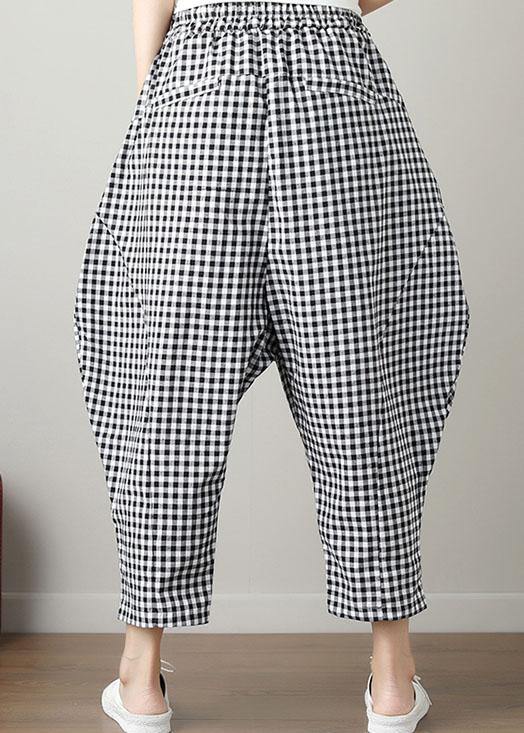 Black Plaid Cotton Pants Big Pockets Crop Pants