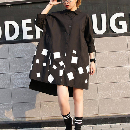 Black Print Cotton Tops Cotton T Shirt Asymmetric Side Open Cotton Tops