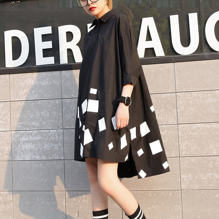 Black Print Cotton Tops Cotton T Shirt Asymmetric Side Open Cotton Tops