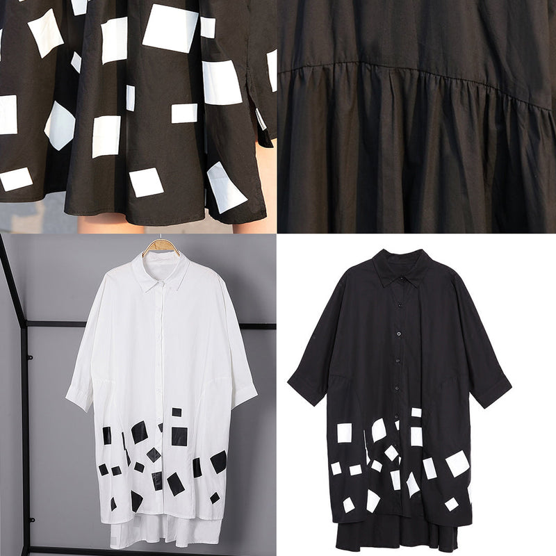 Black Print Cotton Tops Cotton T Shirt Asymmetric Side Open Cotton Tops