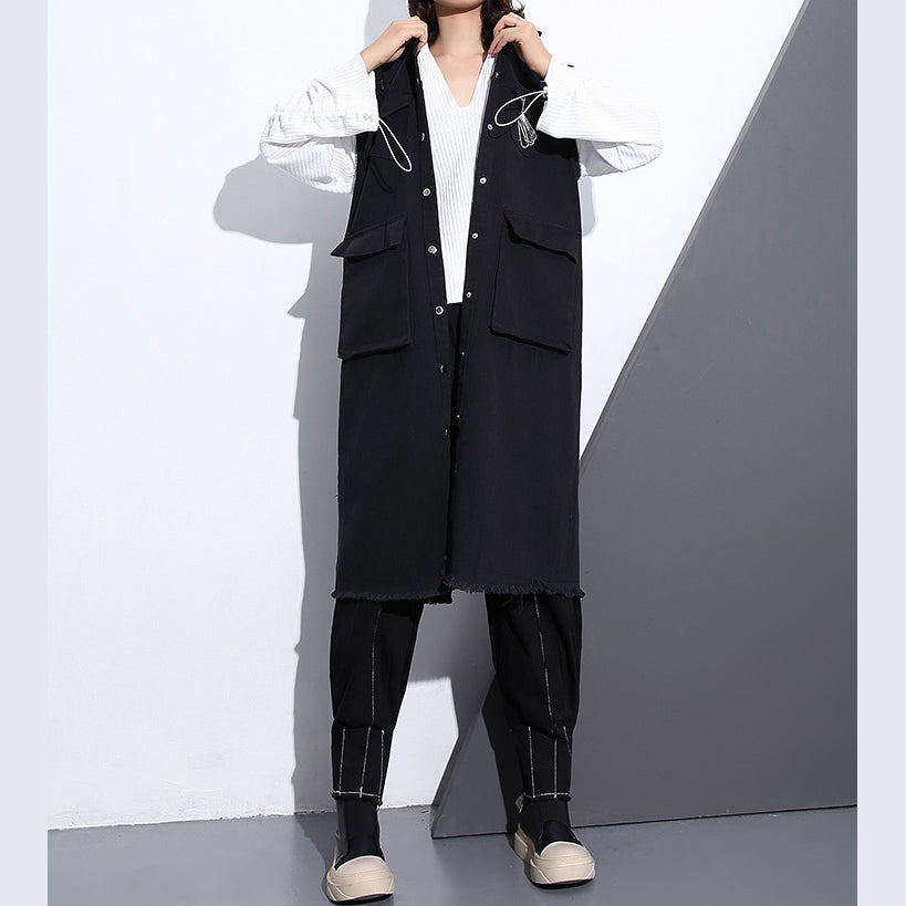 Black Pure Cotton Blouse Turn-down Collar Pockets Traveling Blouse Sleeveless Zippered Cotton Tops
