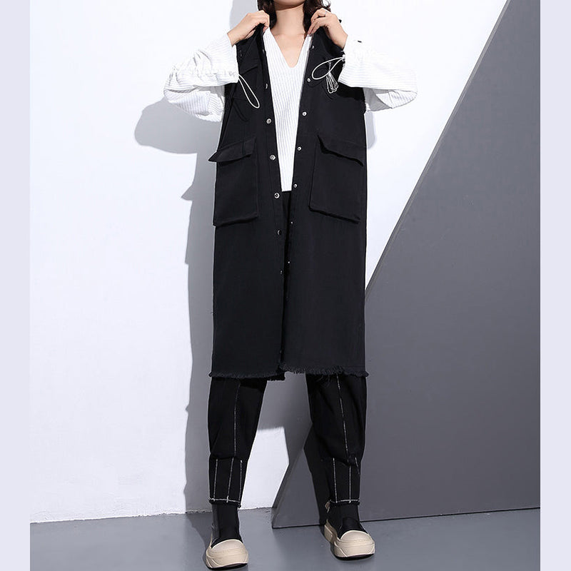 Black Pure Cotton Blouse Turn-down Collar Pockets Traveling Blouse Sleeveless Zippered Cotton Tops