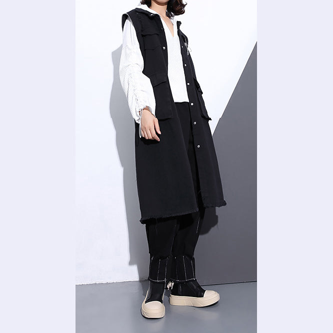 Black Pure Cotton Blouse Turn-down Collar Pockets Traveling Blouse Sleeveless Zippered Cotton Tops