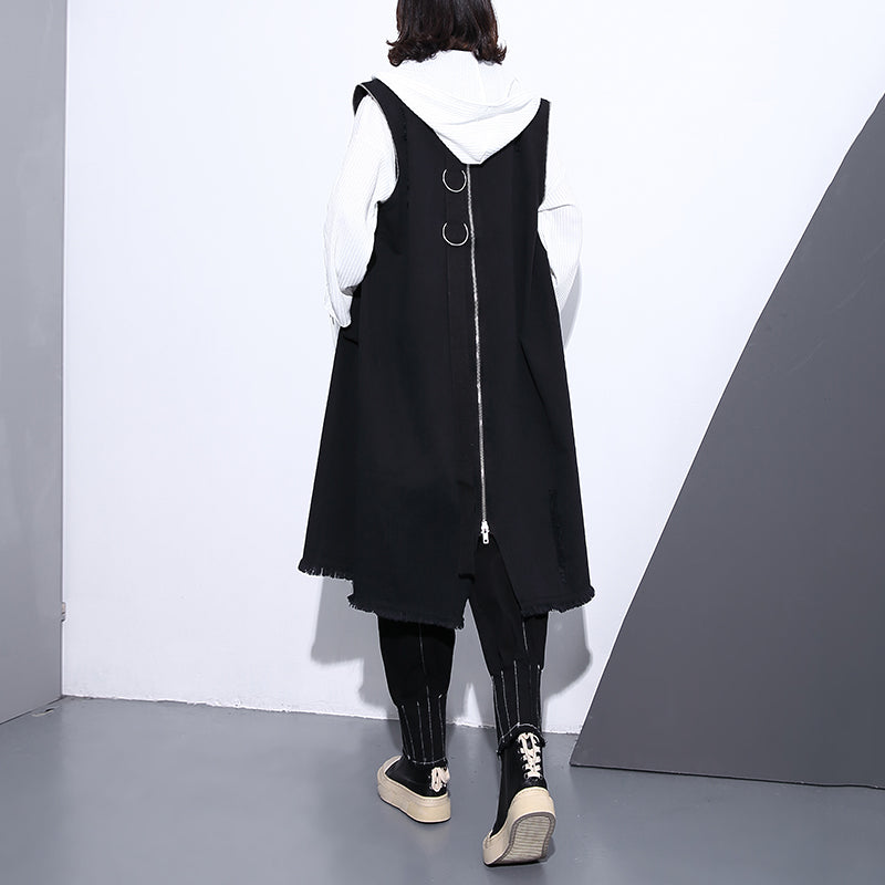 Black Pure Cotton Blouse Turn-down Collar Pockets Traveling Blouse Sleeveless Zippered Cotton Tops