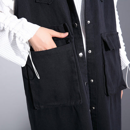 Black Pure Cotton Blouse Turn-down Collar Pockets Traveling Blouse Sleeveless Zippered Cotton Tops