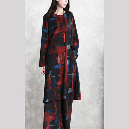 Black Red Print Pure Cotton Blended Two Picese New Long Sleeve Asymmetrical Design O Neck and Baggy Pants