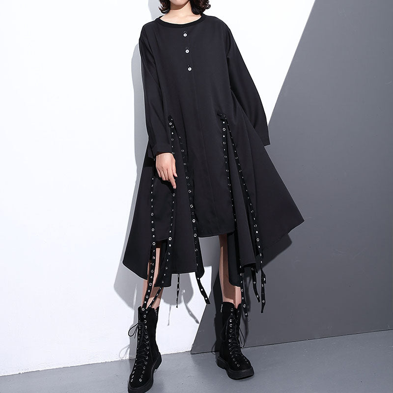 Black Silk Cotton Maxi Dress O Neck Baggy Silk Cotton Clothing Dress Boutique Asymmetrical Design Autumn Dress