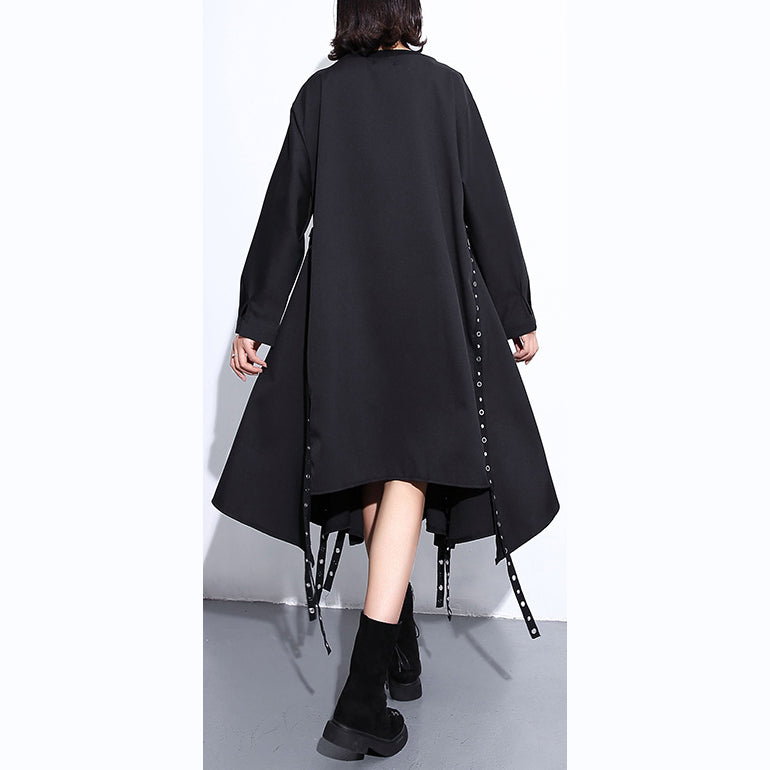 Black Silk Cotton Maxi Dress O Neck Baggy Silk Cotton Clothing Dress Boutique Asymmetrical Design Autumn Dress
