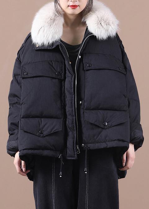 Black Warm Winter Coat Parka Faux Fur Collar Drawstring Coats