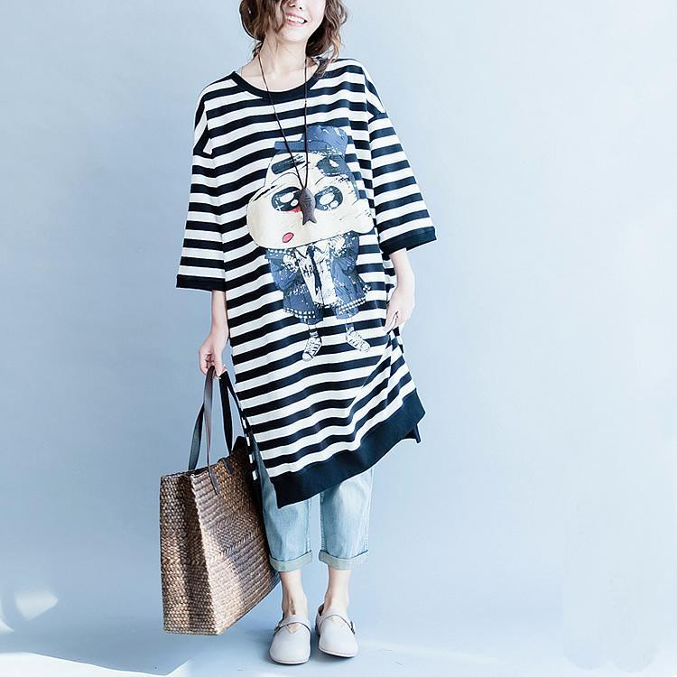 Black White Striped Cotton Dresses Cotton Clothing Dress Side Open Striped Clothing Dress