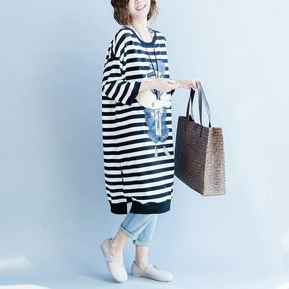 Black White Striped Cotton Dresses Cotton Clothing Dress Side Open Striped Clothing Dress