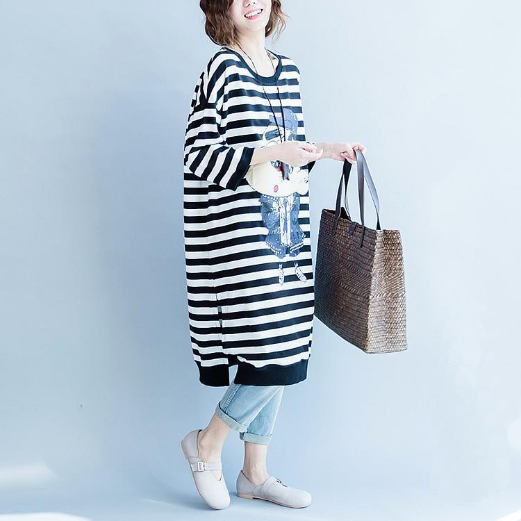 Black White Striped Cotton Dresses Cotton Clothing Dress Side Open Striped Clothing Dress