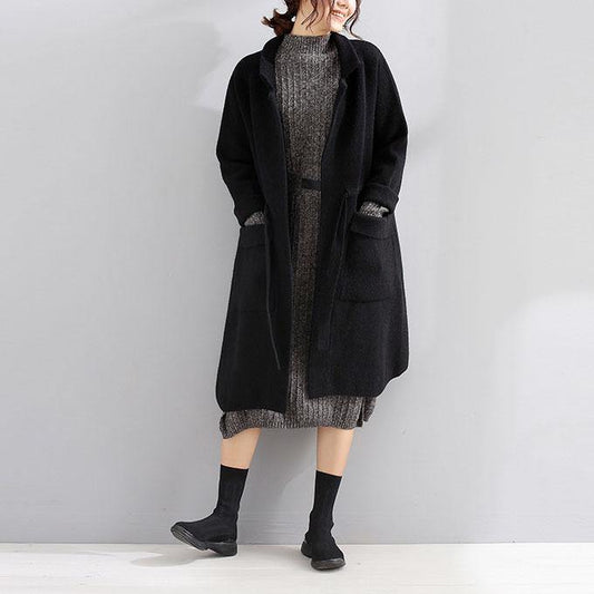 Black Wool Coat Trench Coat Fall Square Collar Tie Waist