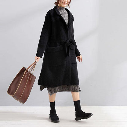 Black Wool Coat Trench Coat Fall Square Collar Tie Waist