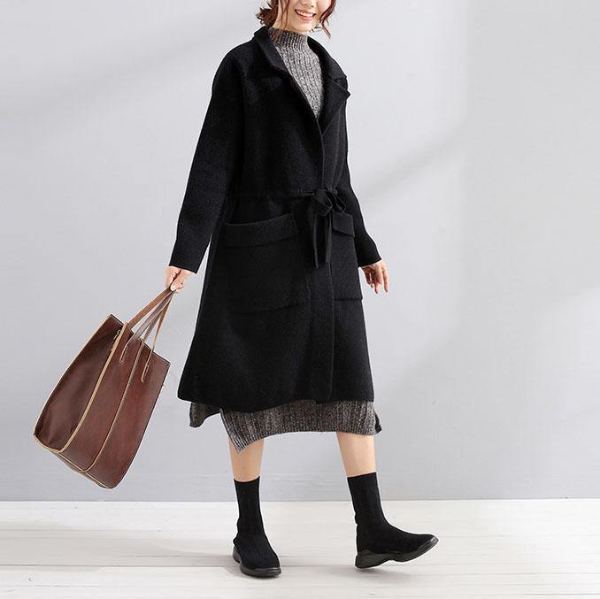Black Wool Coat Trench Coat Fall Square Collar Tie Waist