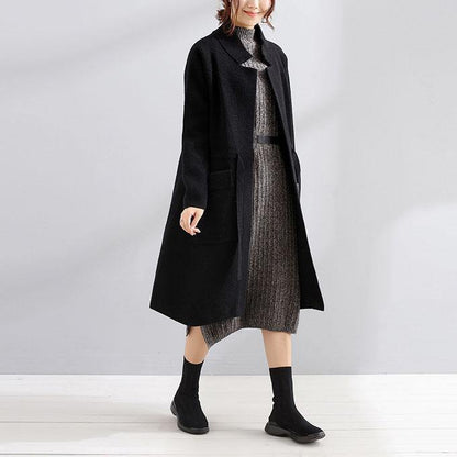Black Wool Coat Trench Coat Fall Square Collar Tie Waist