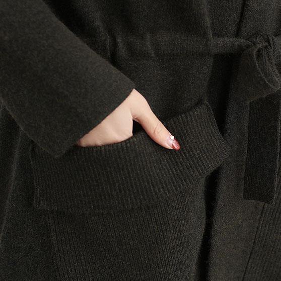 Black Wool Coat Trench Coat Fall Square Collar Tie Waist