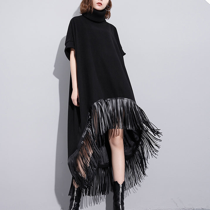 Black Wool Polyester Dresses Low High Design Clothing Dress Fine Tassel Maxi Dresses