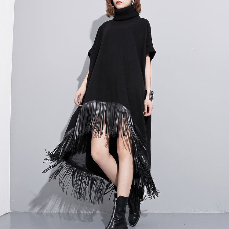 Black Wool Polyester Dresses Low High Design Clothing Dress Fine Tassel Maxi Dresses