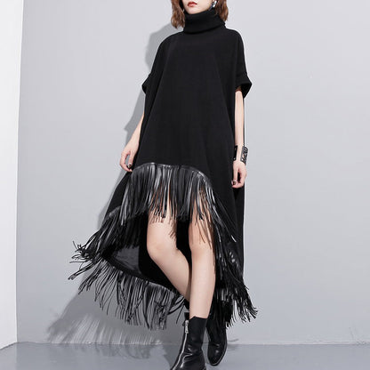 Black Wool Polyester Dresses Low High Design Clothing Dress Fine Tassel Maxi Dresses
