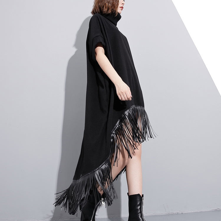 Black Wool Polyester Dresses Low High Design Clothing Dress Fine Tassel Maxi Dresses