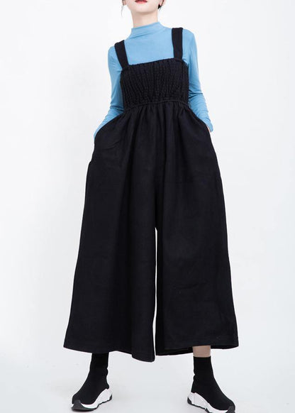 Black Cinched Wool Blended Pants Loose Jumpsuit Pants