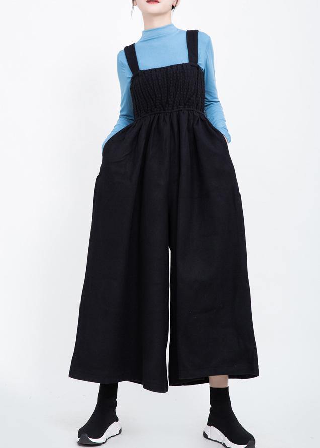 Black Cinched Wool Blended Pants Loose Jumpsuit Pants