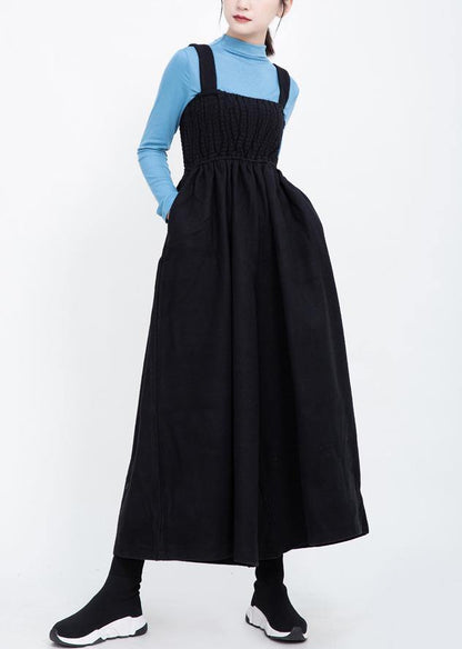 Black Cinched Wool Blended Pants Loose Jumpsuit Pants
