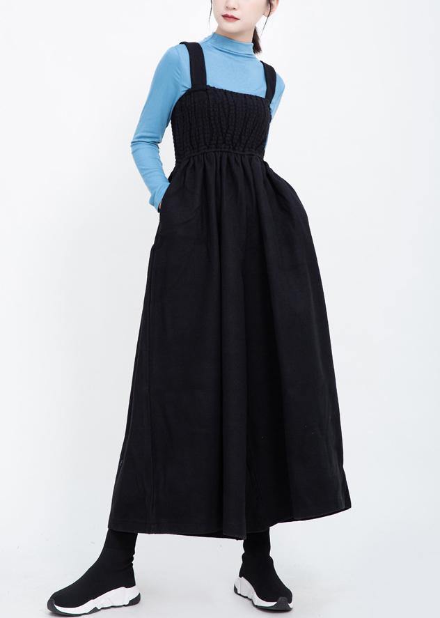 Black Cinched Wool Blended Pants Loose Jumpsuit Pants