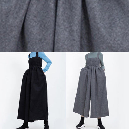 Black Cinched Wool Blended Pants Loose Jumpsuit Pants