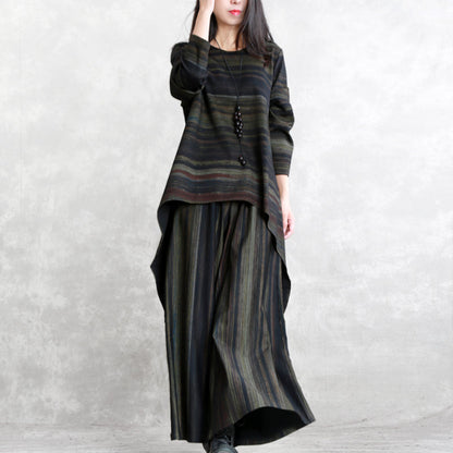 Blackish Green Striped Cotton Blended Tops Baggy Pants Long Sleeve O Neck Asymmetric Brief Two Pieces