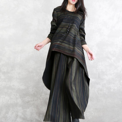 Blackish Green Striped Cotton Blended Tops Baggy Pants Long Sleeve O Neck Asymmetric Brief Two Pieces