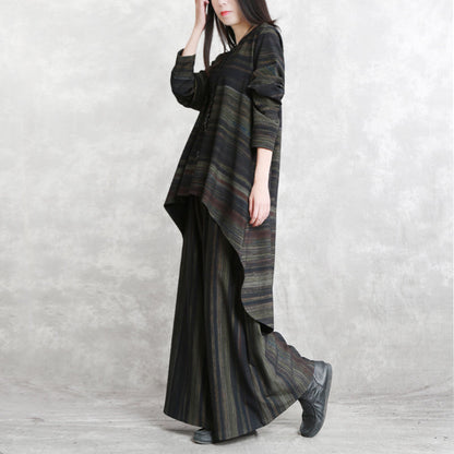 Blackish Green Striped Cotton Blended Tops Baggy Pants Long Sleeve O Neck Asymmetric Brief Two Pieces
