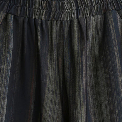 Blackish Green Striped Cotton Blended Tops Baggy Pants Long Sleeve O Neck Asymmetric Brief Two Pieces