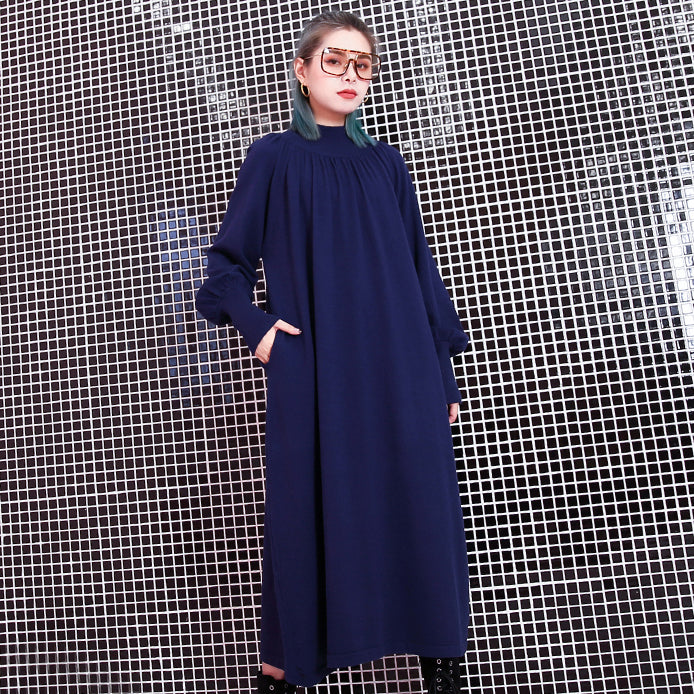 Blue Fall Stand Collar Traveling Dress Pockets Baggy Dresses