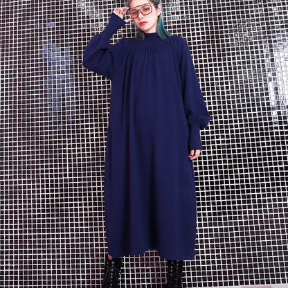 Blue Fall Stand Collar Traveling Dress Pockets Baggy Dresses