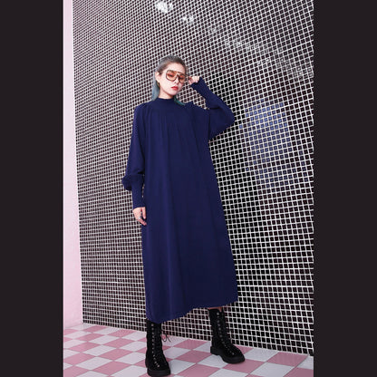 Blue Fall Stand Collar Traveling Dress Pockets Baggy Dresses