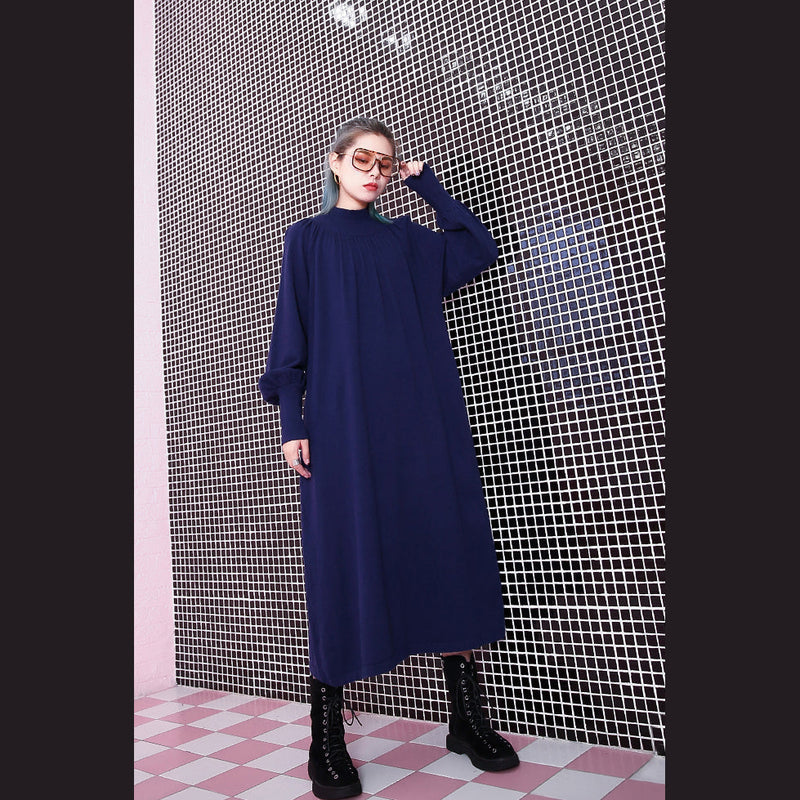 Blue Fall Stand Collar Traveling Dress Pockets Baggy Dresses