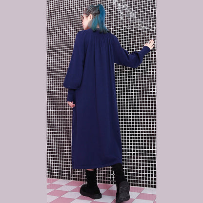 Blue Fall Stand Collar Traveling Dress Pockets Baggy Dresses
