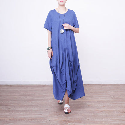 Blue Linen Maxi Dress Oversize O Neck Linen Maxi Dress Asymmetric Kaftans
