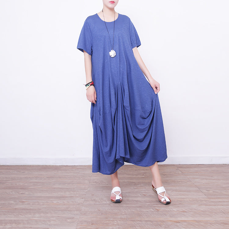 Blue Linen Maxi Dress Oversize O Neck Linen Maxi Dress Asymmetric Kaftans