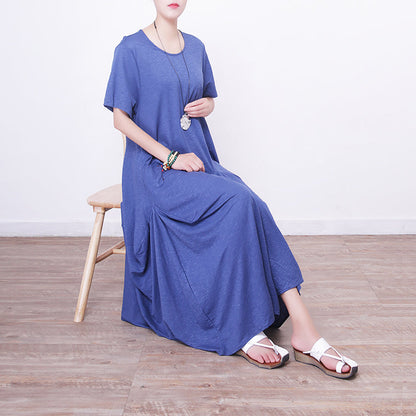 Blue Linen Maxi Dress Oversize O Neck Linen Maxi Dress Asymmetric Kaftans