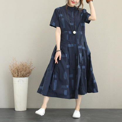 Blue Natural Cotton Dress Loose Fitting Stand Collar Caftans Boutique Big Hem Shirt Maxi Dresses