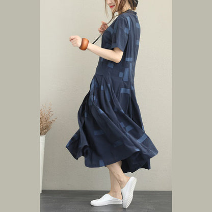 Blue Natural Cotton Dress Loose Fitting Stand Collar Caftans Boutique Big Hem Shirt Maxi Dresses