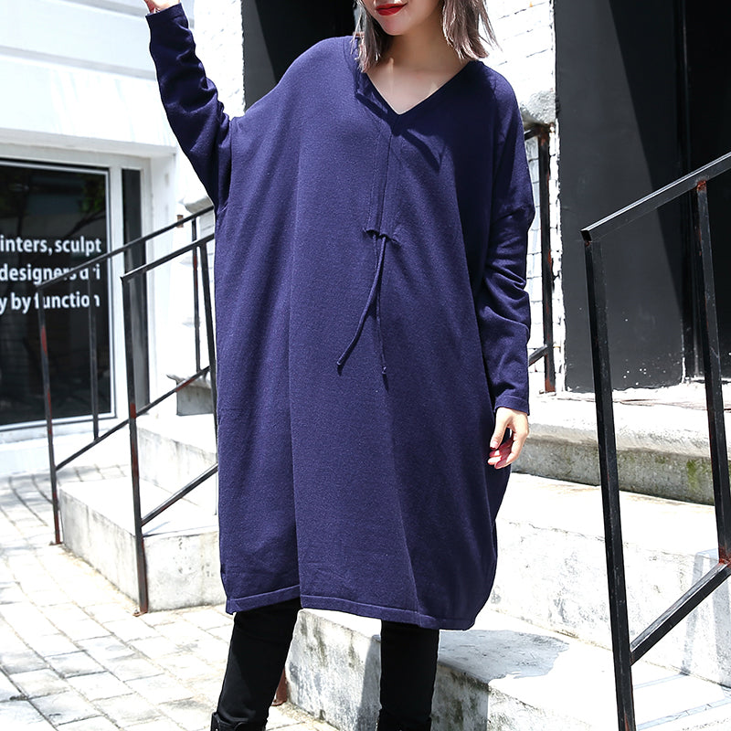 Blue Baggy Dresses V Neck Drawstring Cotton Blended Dress